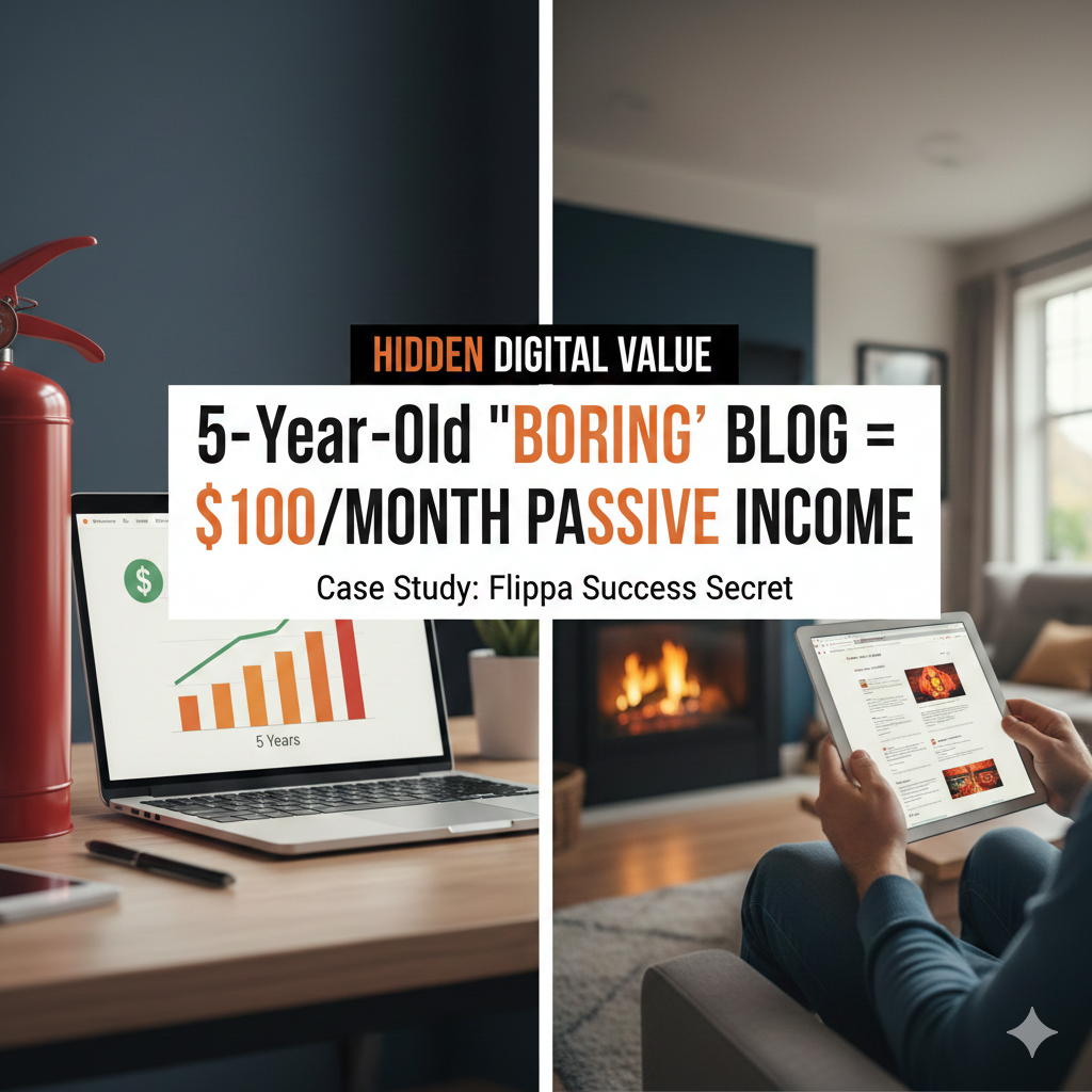 Laptop showing website valuation growth charts next to a fire extinguisher, representing the FireProof Depot case study.