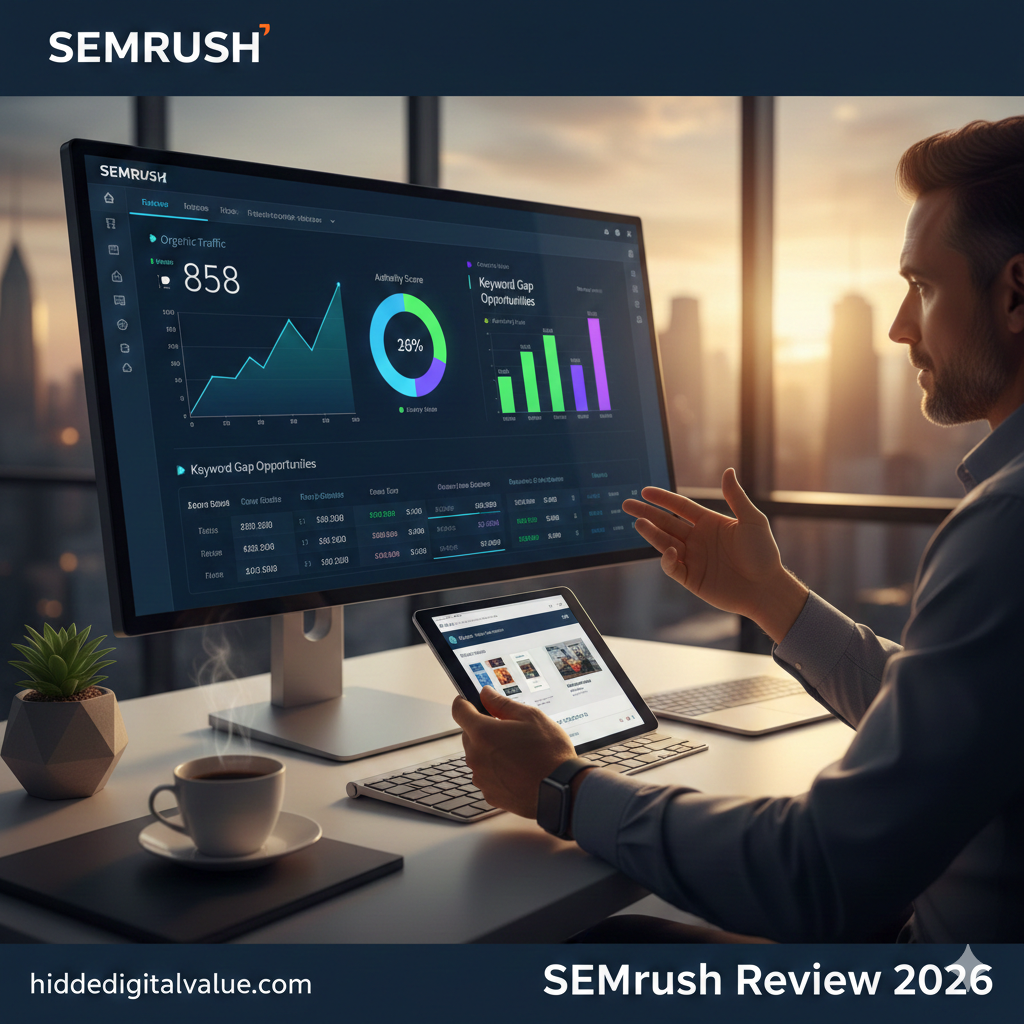 Professional SEO dashboard showing organic traffic growth and keyword gap analysis for website valuation using SEMrush Review 2026.