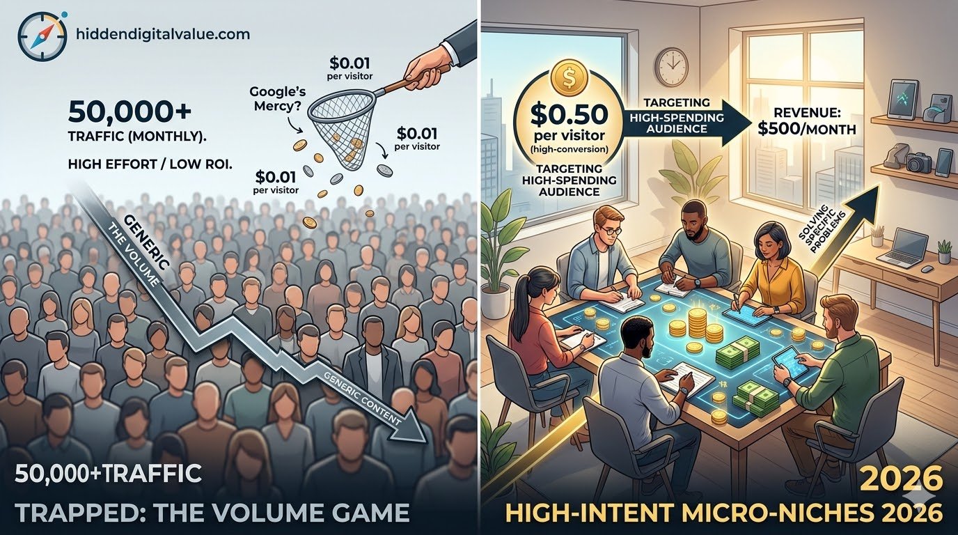 Comparison of low-ROI high-volume traffic versus high-intent micro-niches 2026 revenue strategy.